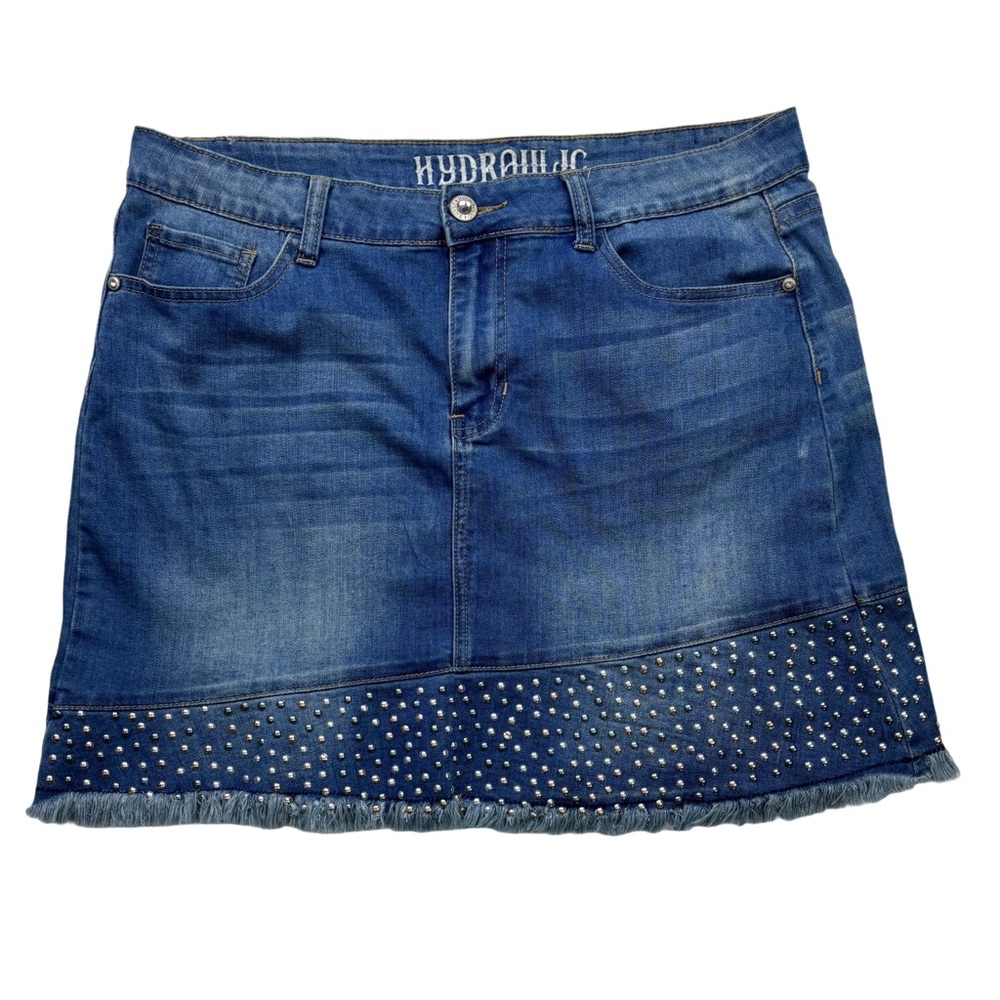Vintage Hydraulic Studded Fringed Blue Denim Studded Mid Rise Mini Skirt 14